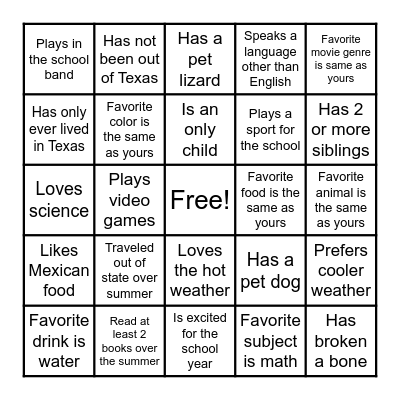 Getting to Know You Bingo Card