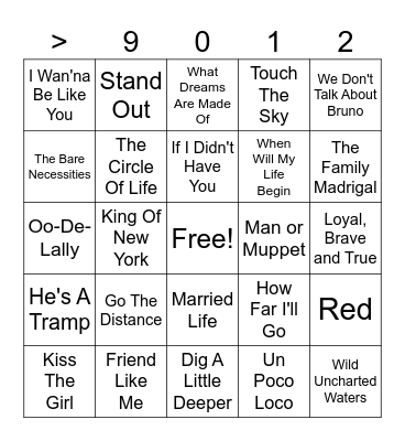 Disney Music Bingo Card