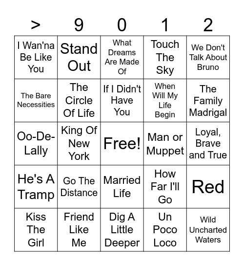 Disney Music Bingo Card