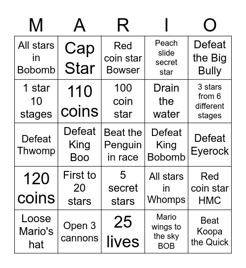 Mario 64 Bingo Card