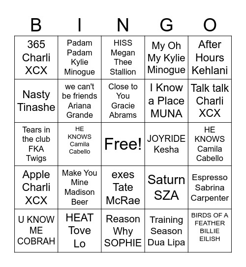 BRAT Summer Bingo Card