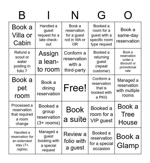 Reservation Bingo Card