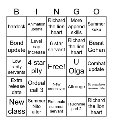 Fgo 9th anni Bingo Card