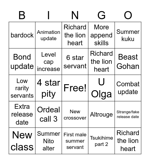 Fgo 9th anni Bingo Card