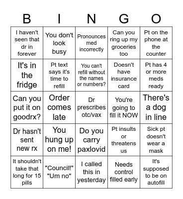 Pharmacy 2 Bingo Card