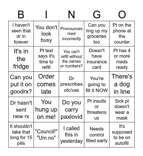 Pharmacy 2 Bingo Card