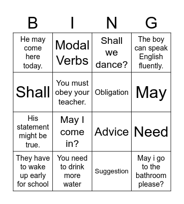 Modal verbs Bingo Card
