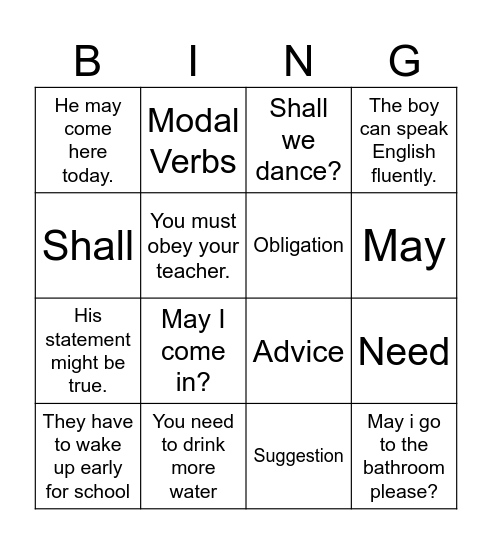 Modal verbs Bingo Card