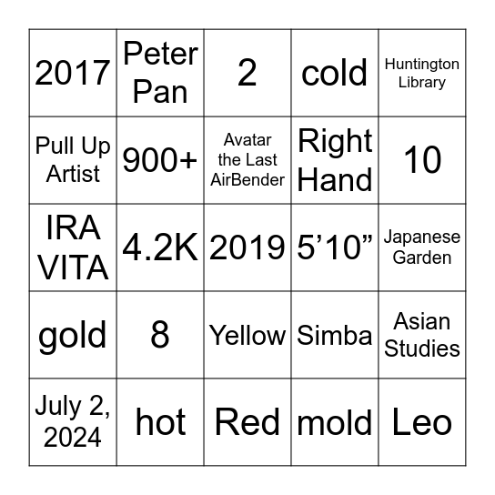 Gordon Trivia Bingo Card