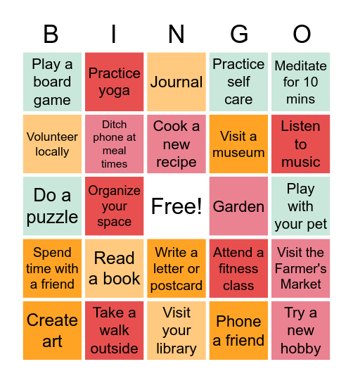 Digital Detox Bingo Card