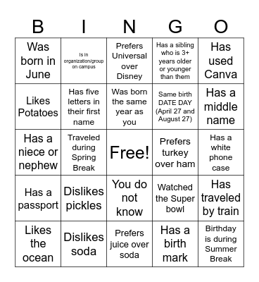 Find Someone Who(s) Bingo Card