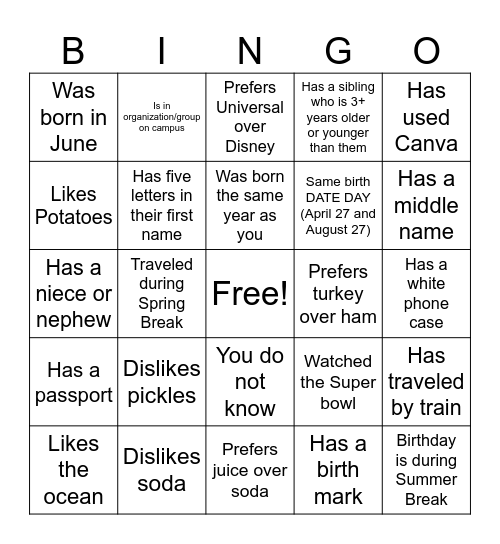 Find Someone Who(s) Bingo Card