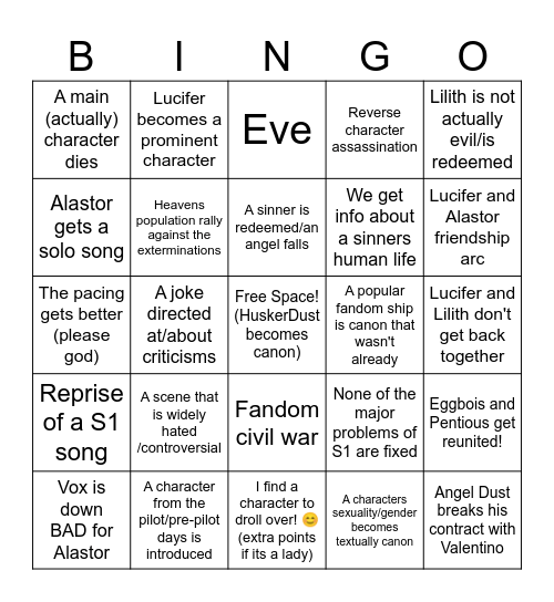 Hazbin Hotel Season 2 Bingo Card