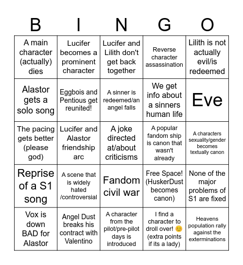 Hazbin Hotel Season 2 Bingo Card