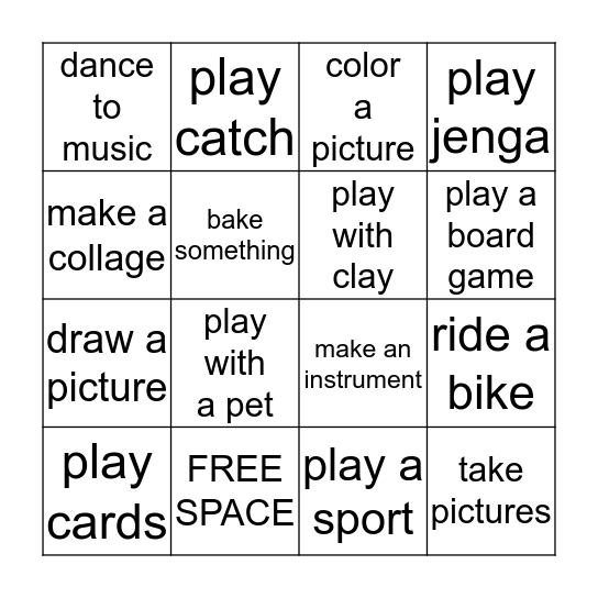 Play Activities to Reduce Stress Bingo Card