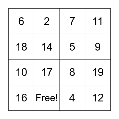 French Numbers 1-20 Bingo Card