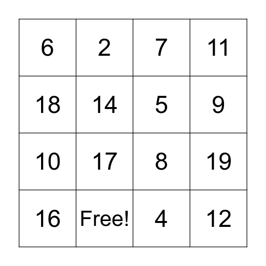 French Numbers 1-20 Bingo Card