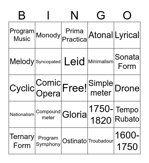 Music Terms and Definitions Bingo Card