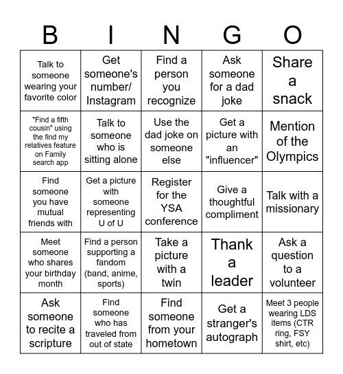 YSA Conference Bingo Card