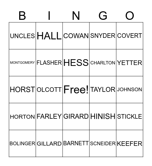 Taylor Reunion Name Game Bingo Card