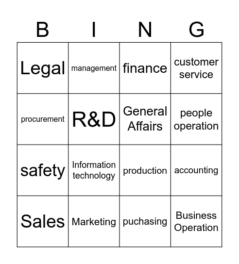 Departments Bingo Card