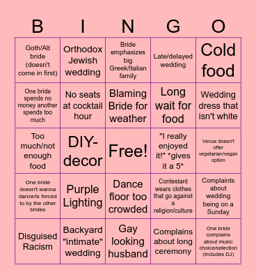 Four Weddings Bingo Card