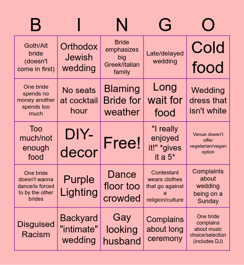 Four Weddings Bingo Card