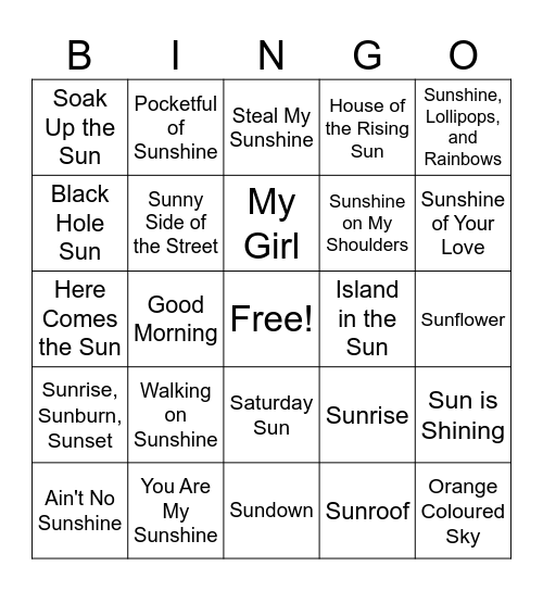 Sunny Day Music Bingo Card