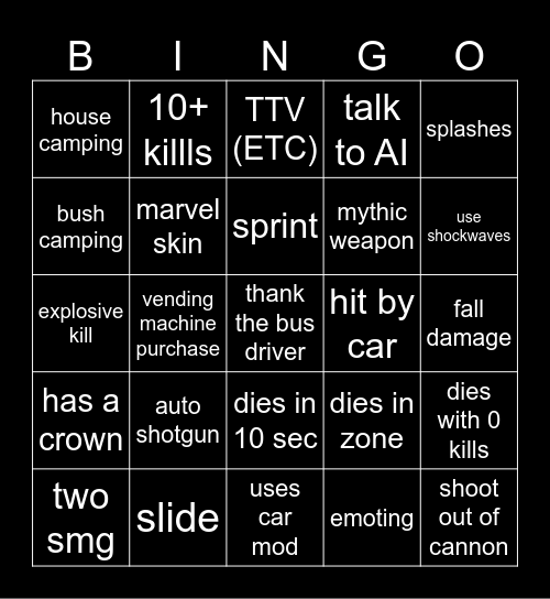 Fortnite Bingo Card