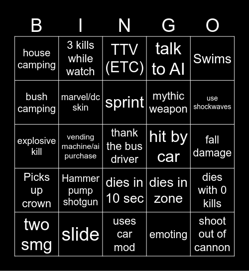 Fortnite Bingo Card