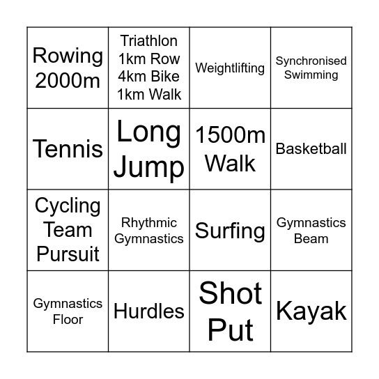 Leisurelys Olympics Bingo Card