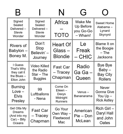 70s and 80s Hits Bingo Card