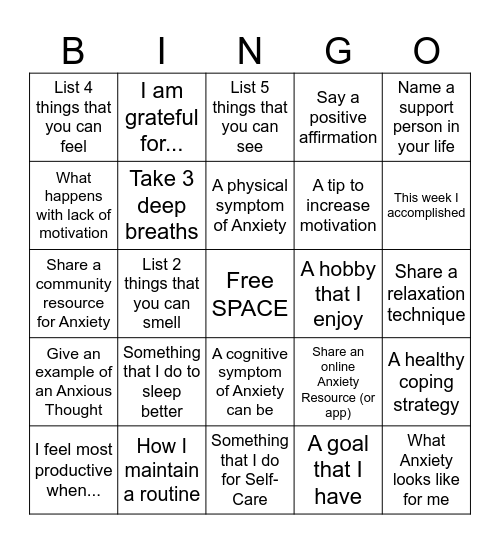 ANXIETY BINGO Card