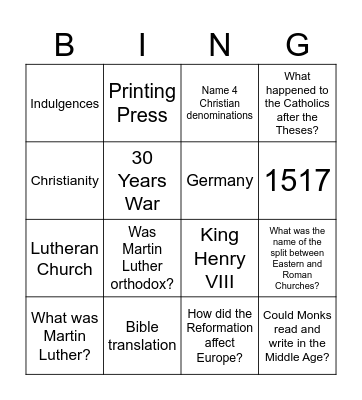 Reformation Bingo Card