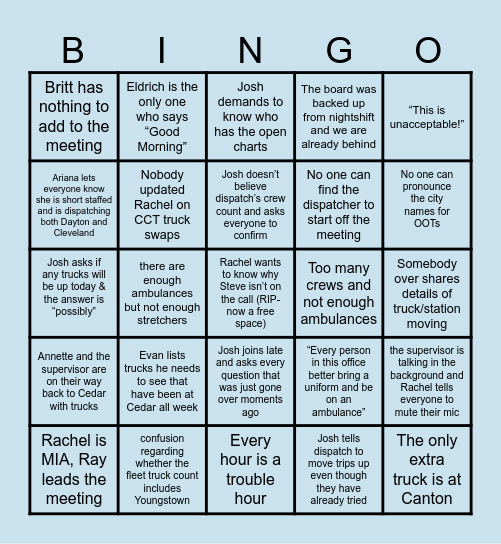 Morning Huddle Bingo Card