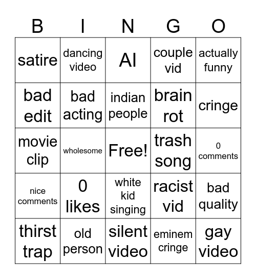 Cringe Insta Bingo Card