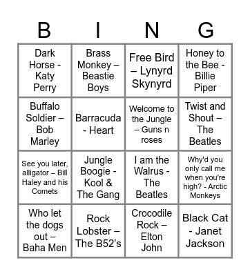Wecome to the Jungle Bingo Card