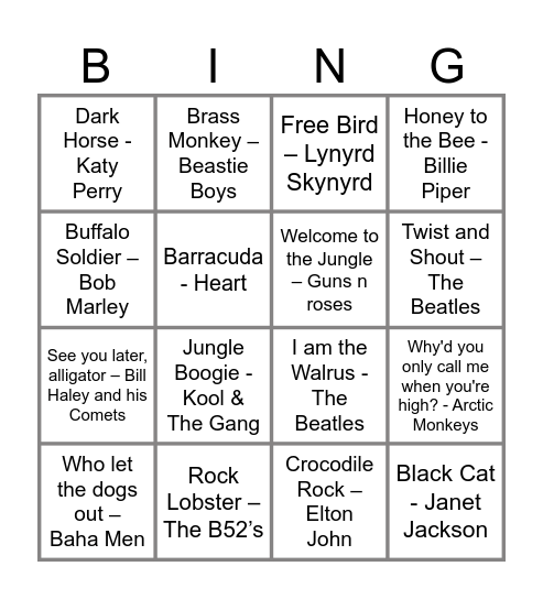 Wecome to the Jungle Bingo Card