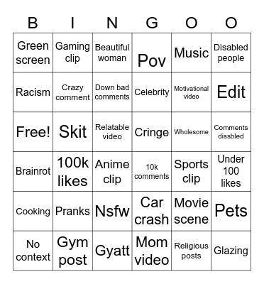Instagram reels bingo!! Bingo Card