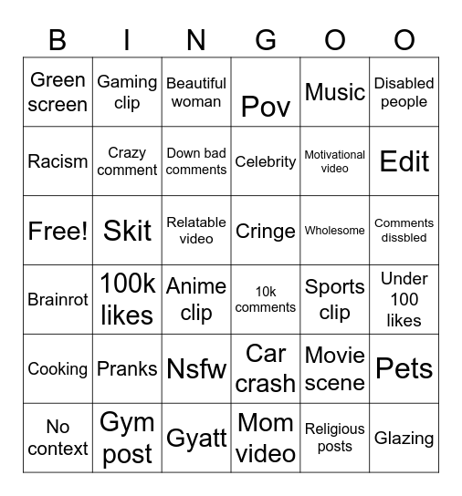 Instagram reels bingo!! Bingo Card