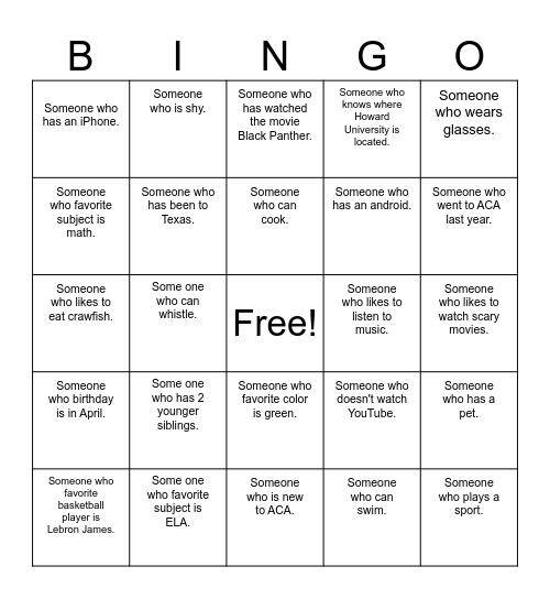 Get to Know Your Classmates! Bingo Card