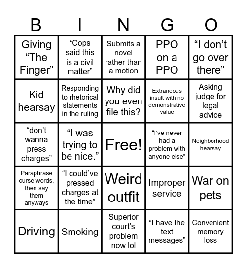 PPO Docket Bingo Card