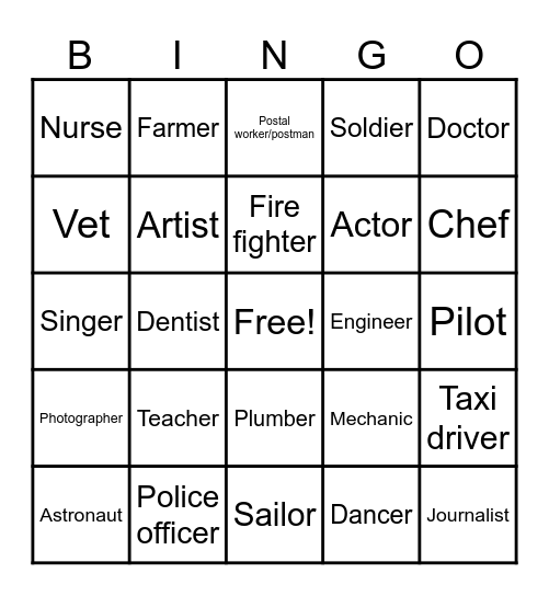 JOBS AND COCCUPATIONS Bingo Card