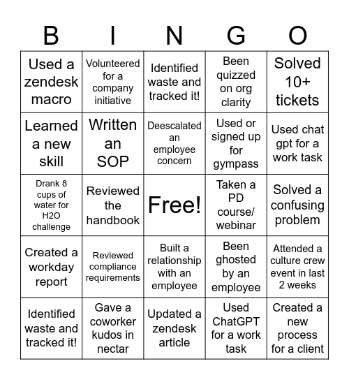 OneHR Bingo! Bingo Card