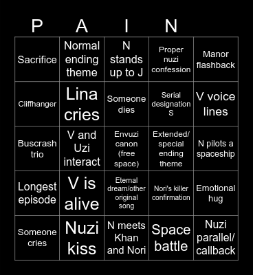 Episode 8 bingo Card