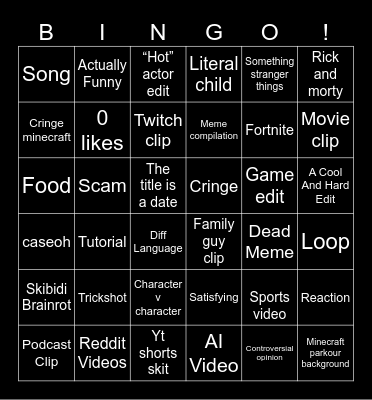 YouTube shorts Bingo Card