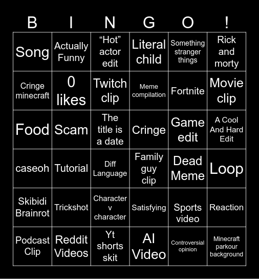 YouTube shorts Bingo Card