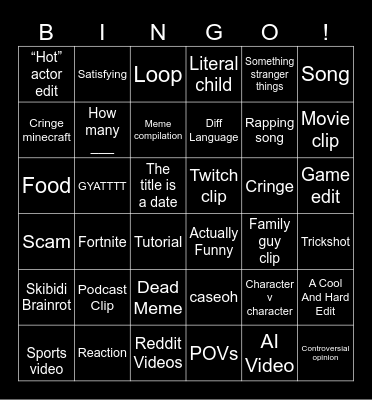 YouTube shorts Bingo Card