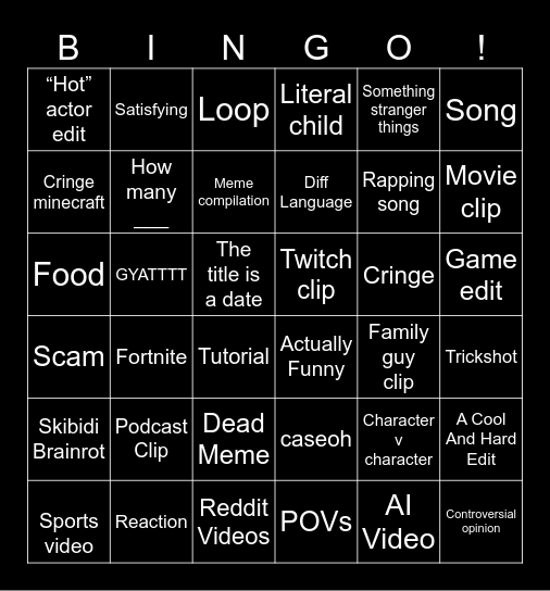 YouTube shorts Bingo Card