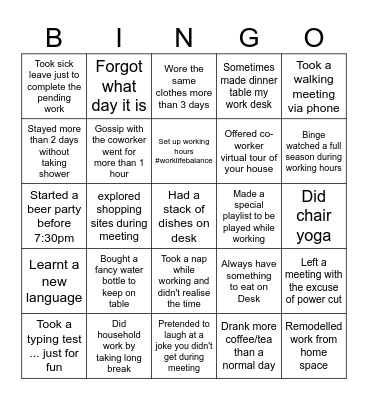 Work From Home Bingo Card